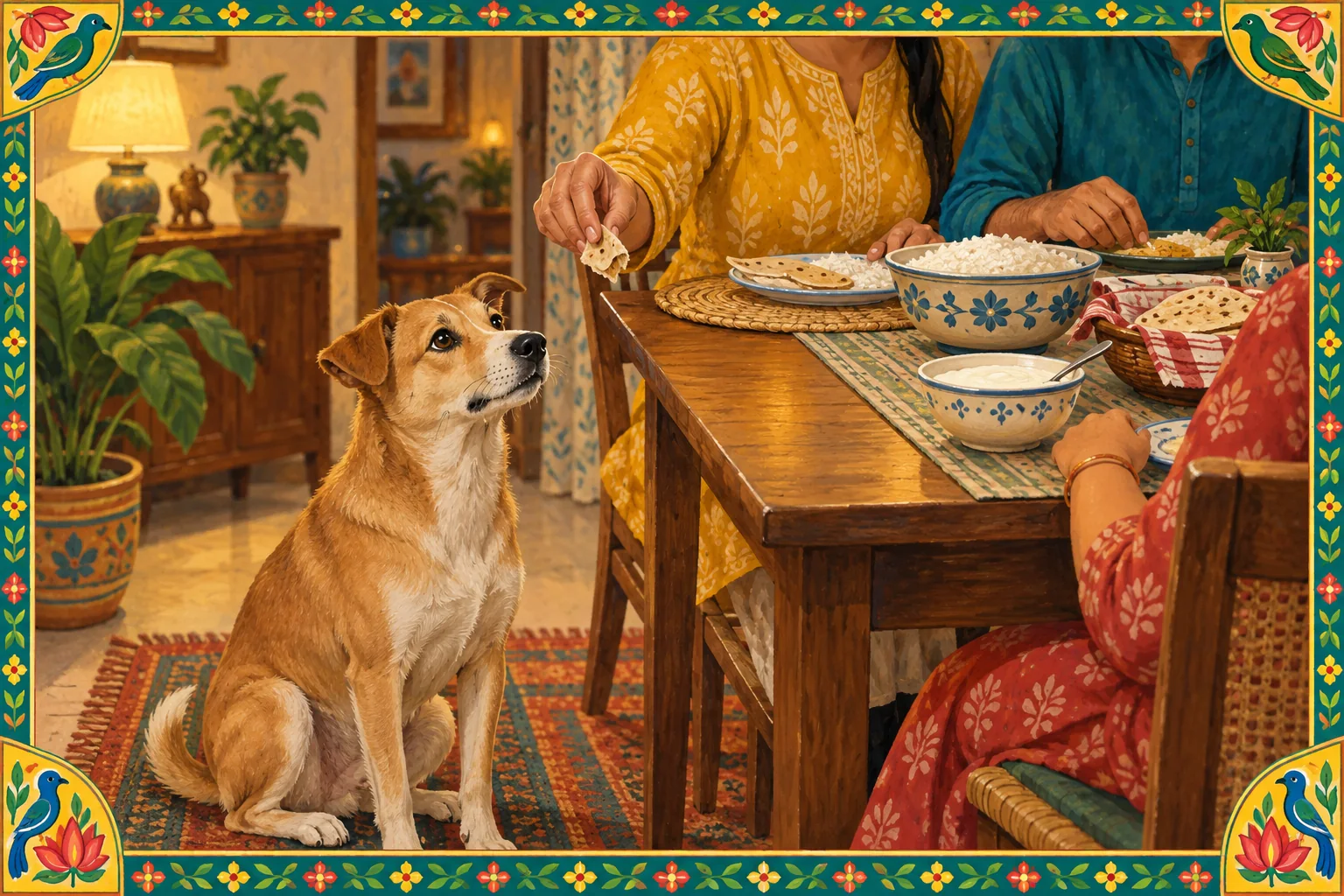 An Indian dog waiting beside a family dinner table with roti, rice and curd
