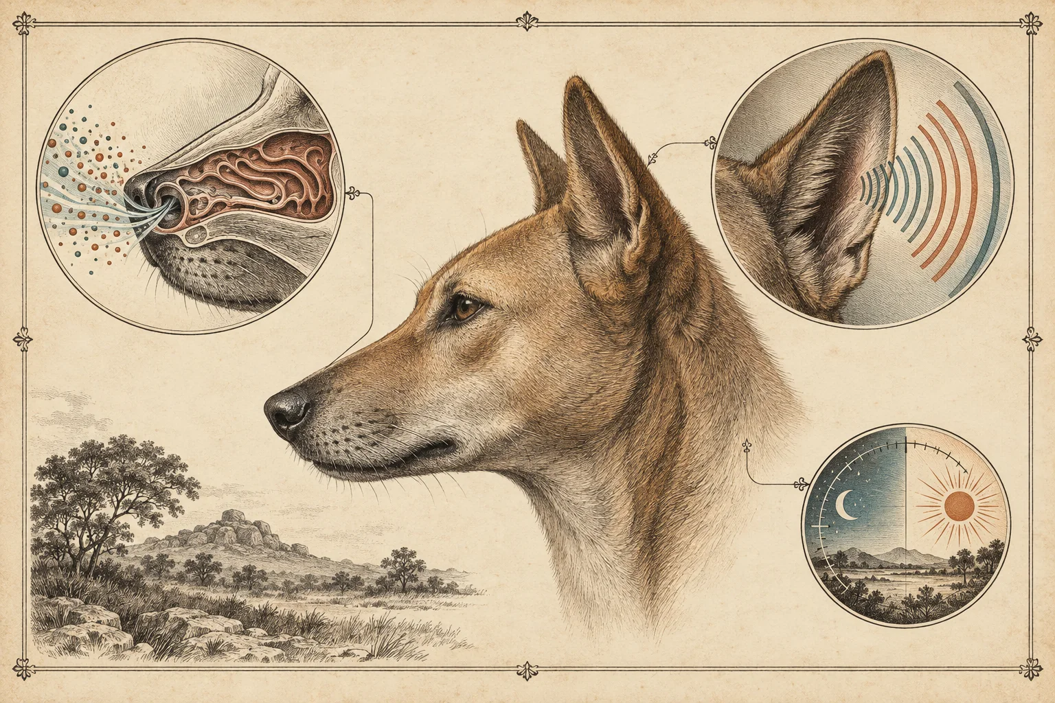 Vintage scientific illustration of a dog's nose, ear and daily light cycle