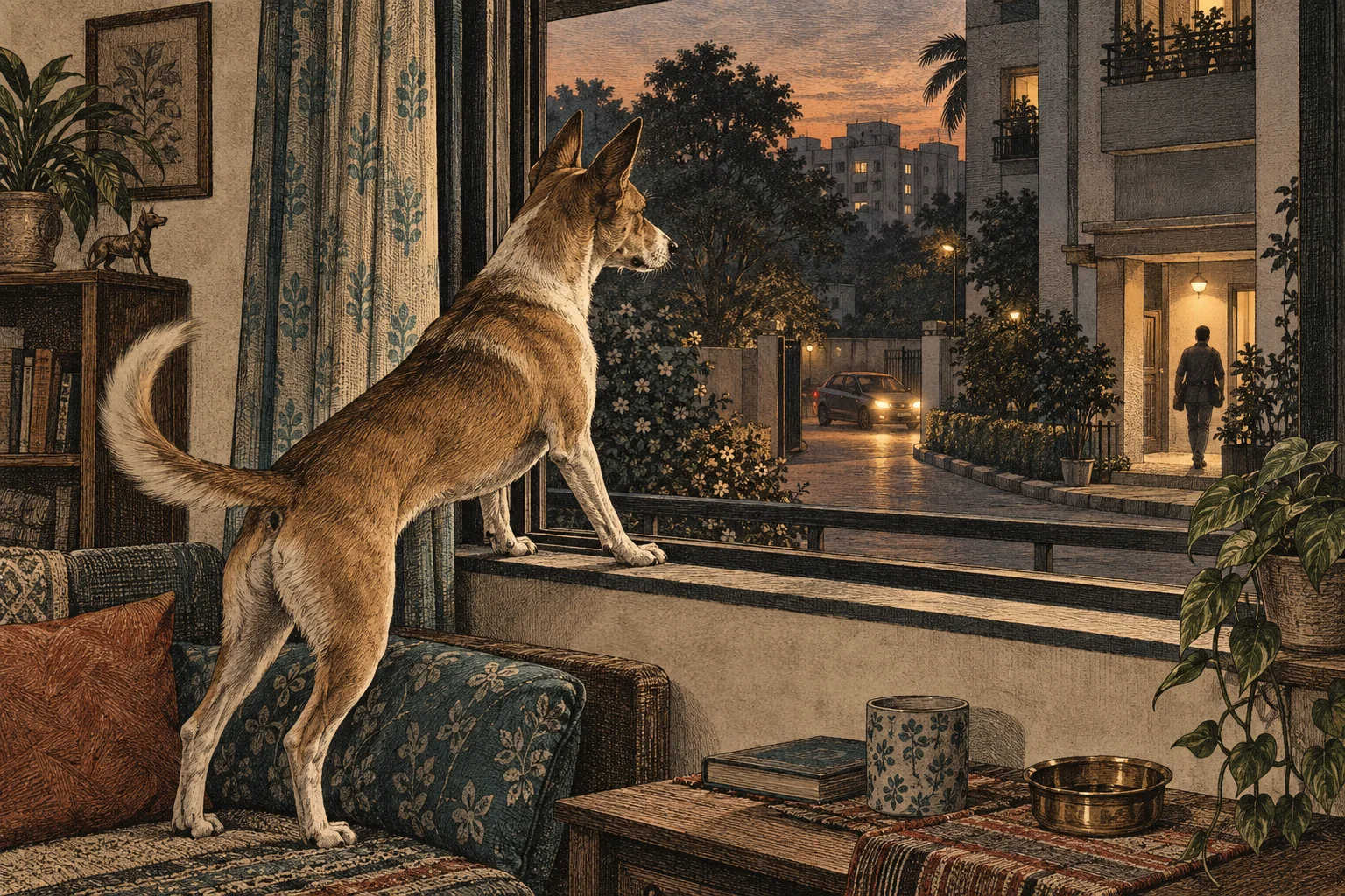 An Indian dog waiting at an apartment window as its owner arrives home at dusk