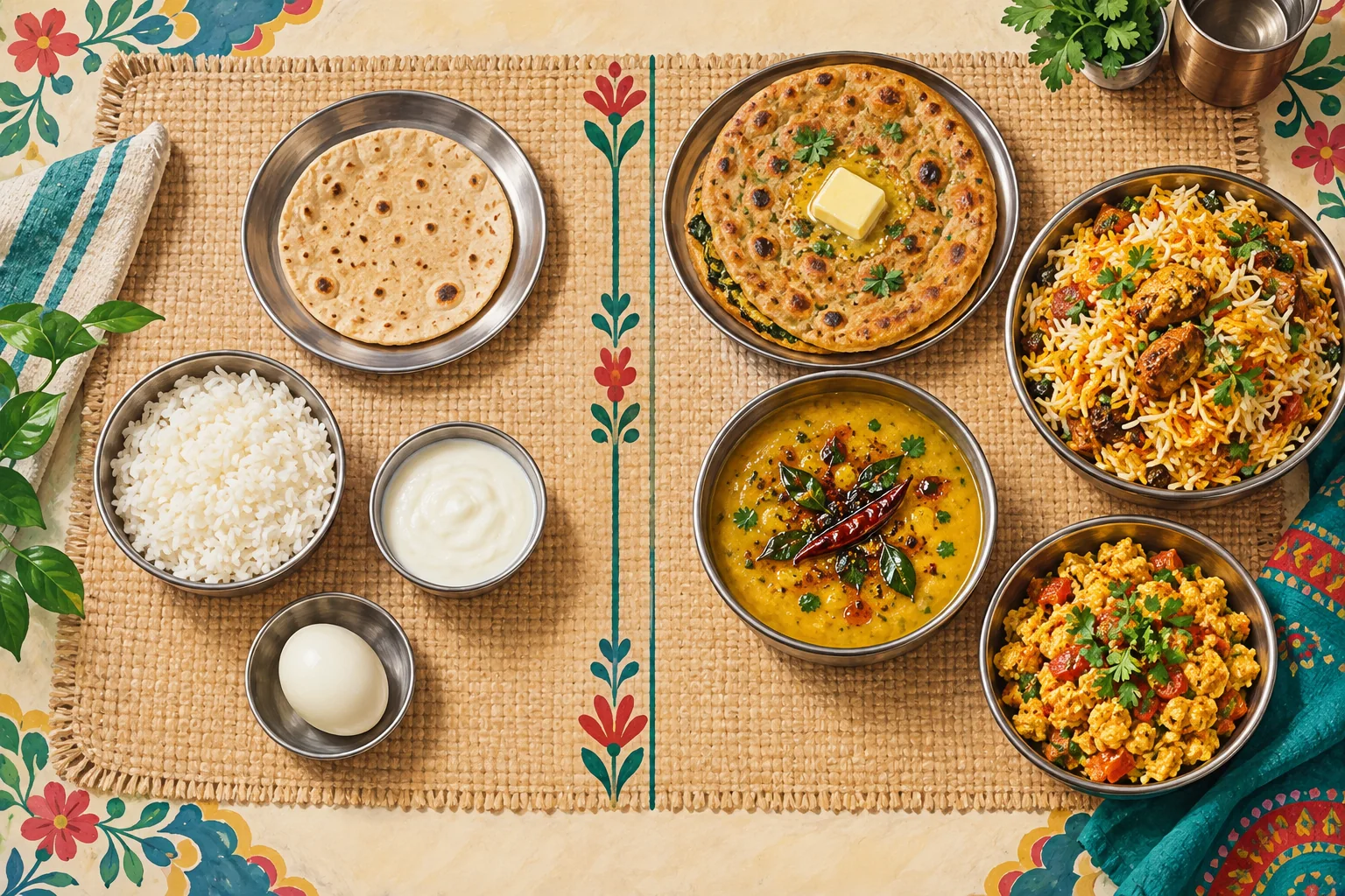 Plain roti, rice, curd and cooked egg beside richly seasoned Indian dishes